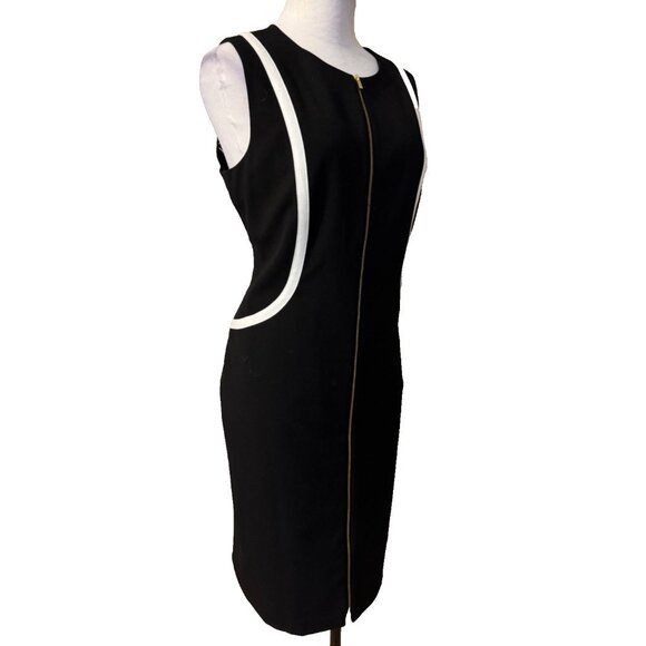 Calvin Klein Sheath Dress 14 Black White Piping Front Zip Sleeveless Career - Picture 5 of 15